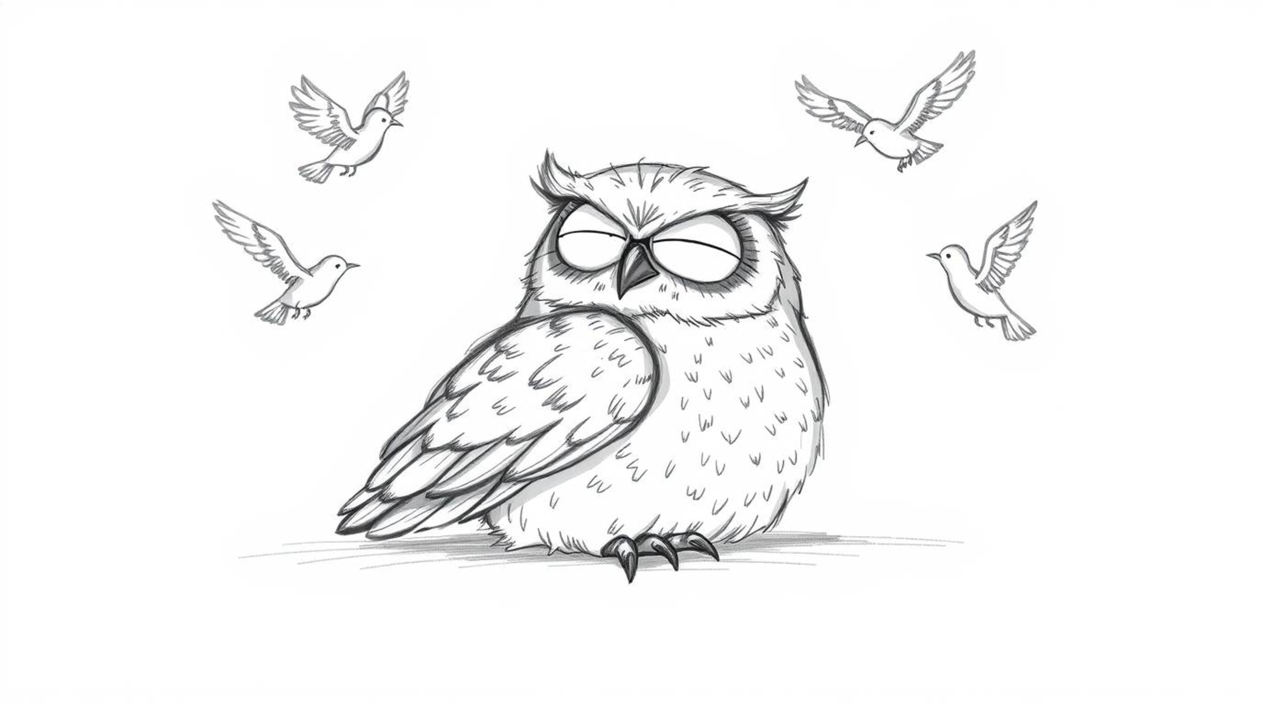 A charming hand-drawn sketch in the style of Pixar portrays a serene, blind owl with delicate feathers patiently teaching bir