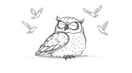 A charming hand-drawn sketch in the style of Pixar portrays a serene, blind owl with delicate feathers patiently teaching bir