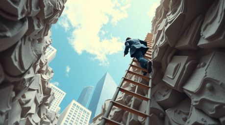 Explore the abstract concept of success with this image depicting a businessperson climbing a transparent ladder into a blue 
