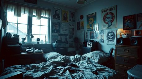 Discover a captivating image of a messy bedroom, filled with strange gadgets and posters.  The scene is bathed in a dreamy, h