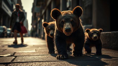 A captivating street photography image showcases an extreme macro close-up of a bear family navigating an urban environment. 