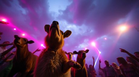 Experience a high-energy animal dance party under a dramatic stormy sky!  Disco lights illuminate the scene as animals groove
