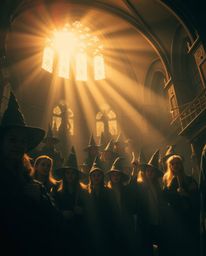 Experience the enchantment of a magical school bathed in warm golden hour light. This low-angle perspective reveals a breatht