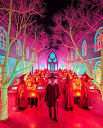 Explore a surreal, otherworldly scene captured in infrared: a magical school teeming with young wizards. Bioluminescent color