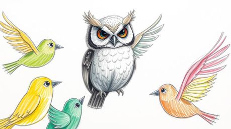 A heart-warming Pixar-style hand-drawn sketch depicts a wise, blind owl with beautifully textured feathers guiding a group of
