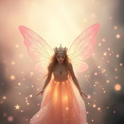 A gentle fairy godmother emerges from a soft pastel swirl of sparkles, bathed in a soft cinematic haze. The image features a