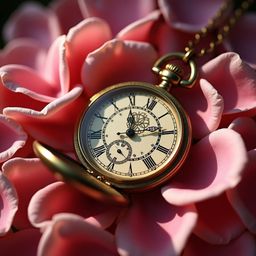 A vintage pocket watch, beautifully engraved with a worn, golden exterior, rests peacefully on a bed of soft pink rose petals