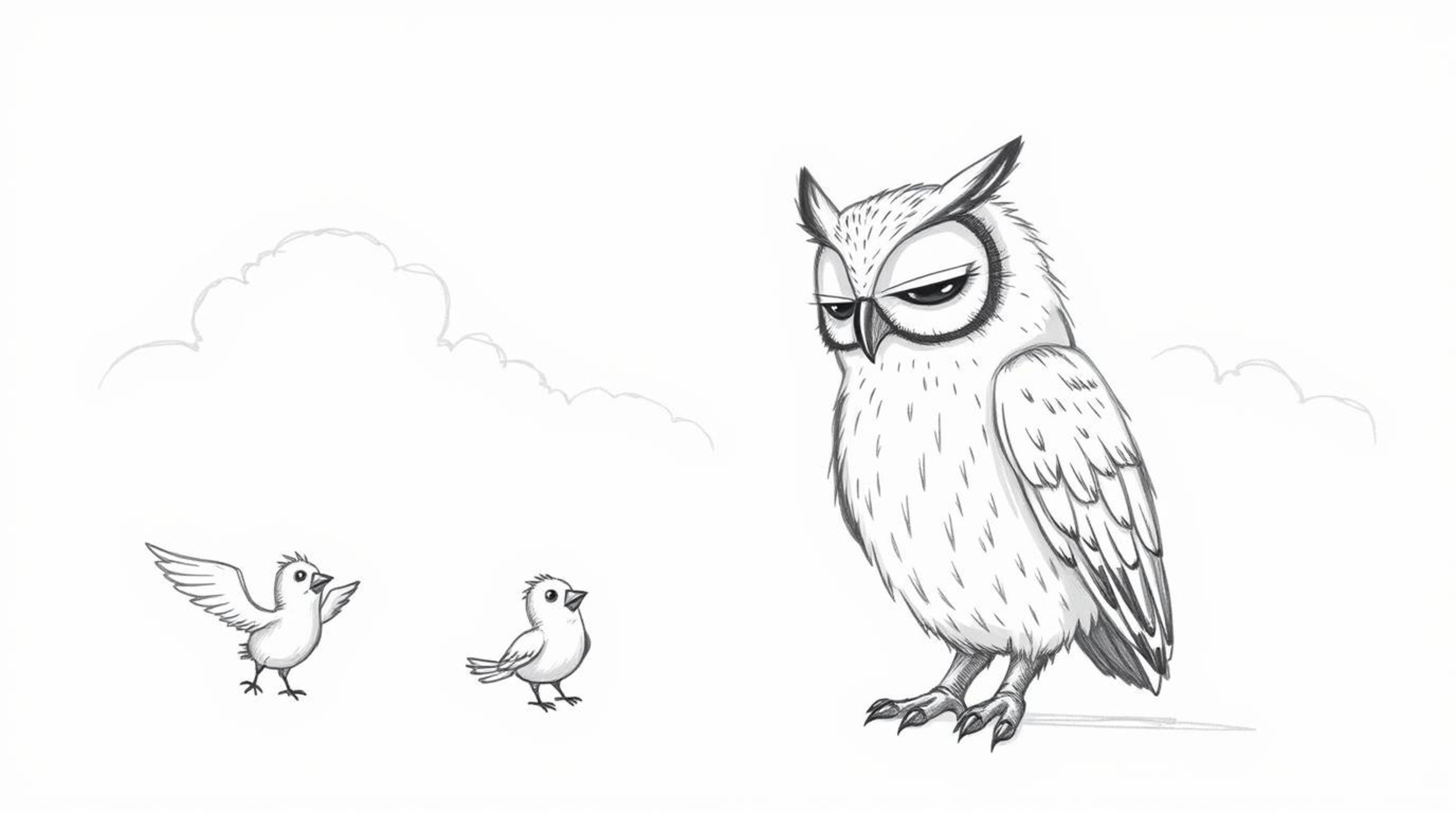 This Pixar-style hand-drawn sketch showcases a wise, blind owl, with expressive wrinkles around its closed eyes, patiently in