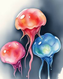 Explore a captivating watercolor painting depicting three-dimensional, translucent, fluid jelly blobs rendered in vibrant col