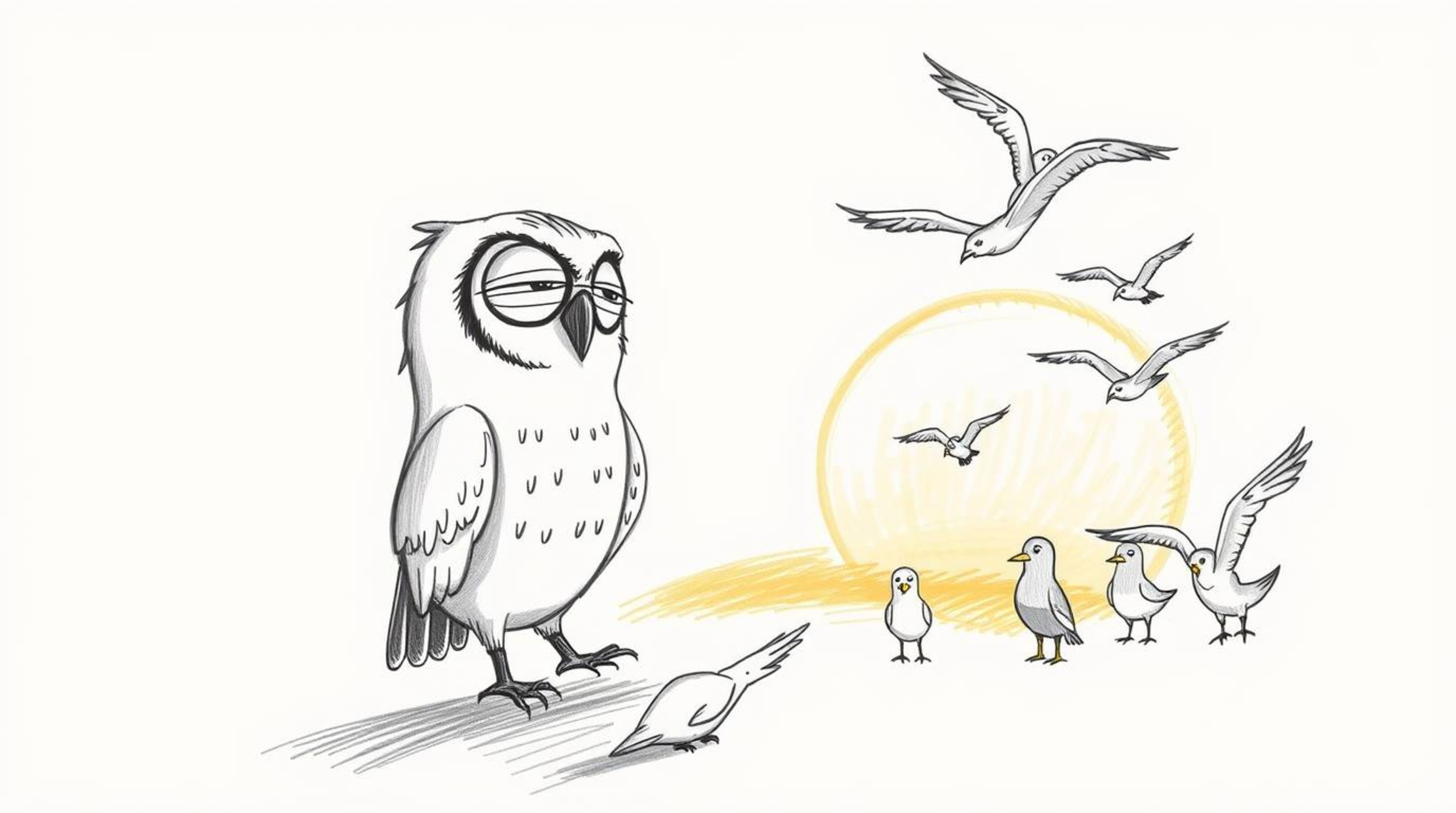 A charming hand-drawn illustration in the style of Pixar depicts a blind owl with gentle features teaching a class of birds i