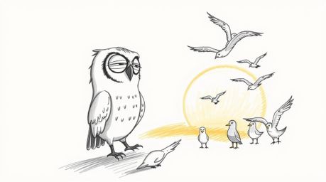 A charming hand-drawn illustration in the style of Pixar depicts a blind owl with gentle features teaching a class of birds i