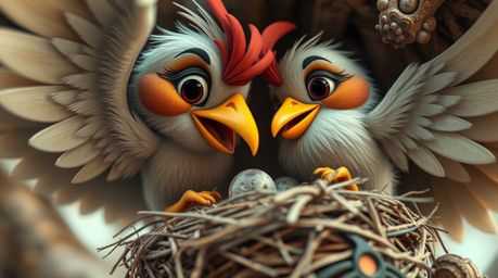 Explore a dreamlike surreal world in extreme macro close-up, showcasing two cartoon birds meticulously building a nest in a c