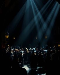 Immerse yourself in a magical school illuminated by high-contrast, low-key lighting, creating a dramatic effect with deep sha