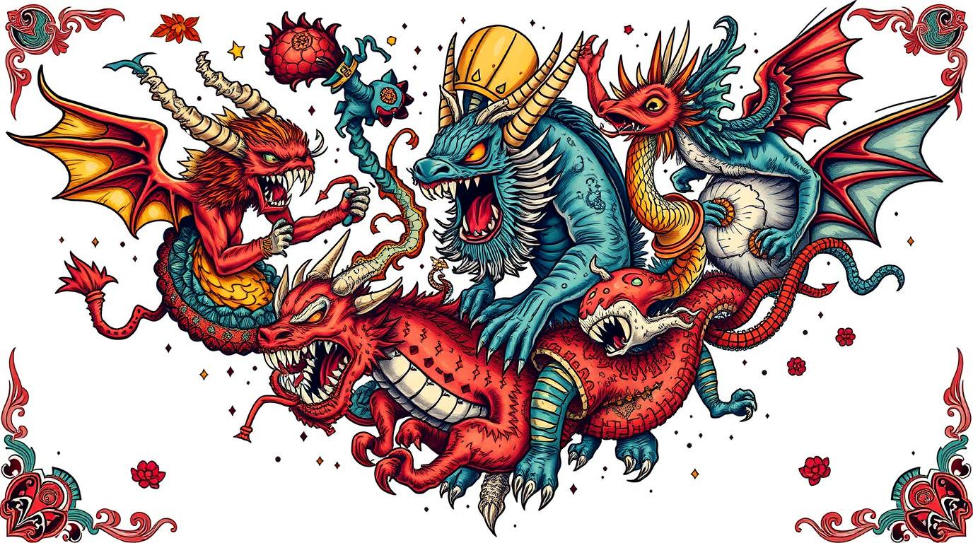 Explore a dynamic and symbolic traditional tattoo art print showcasing a fantastical kingdom teeming with quirky magical crea