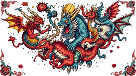 Explore a dynamic and symbolic traditional tattoo art print showcasing a fantastical kingdom teeming with quirky magical crea