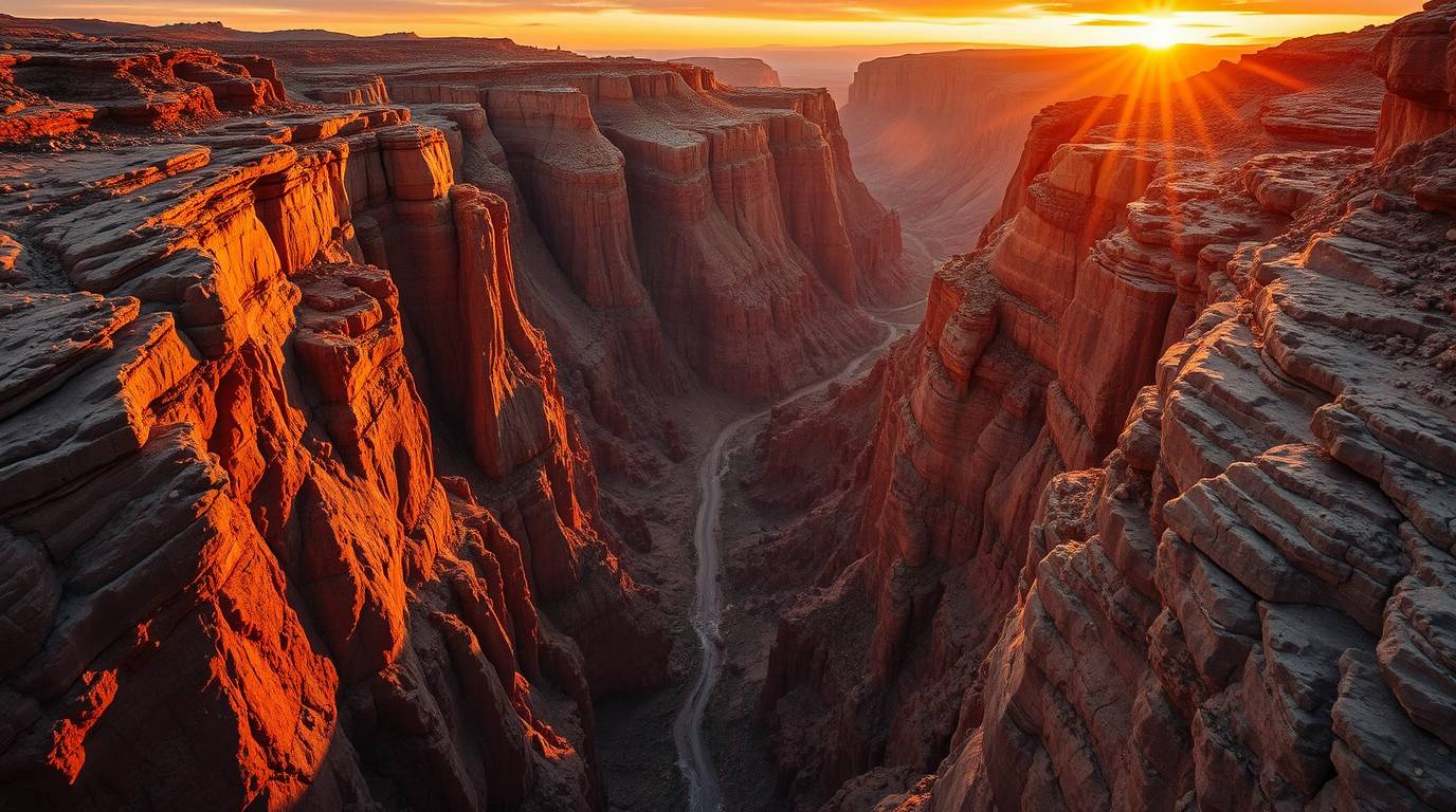 Explore a breathtaking rocky canyon awash in the warm, vibrant colors of a setting sun. This high-resolution image captures a