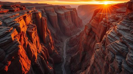 Explore a breathtaking rocky canyon awash in the warm, vibrant colors of a setting sun. This high-resolution image captures a
