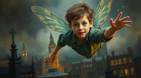 A young boy with light skin soars above London, surrounded by shimmering pixie dust in a classic oil painting style. Rich tex