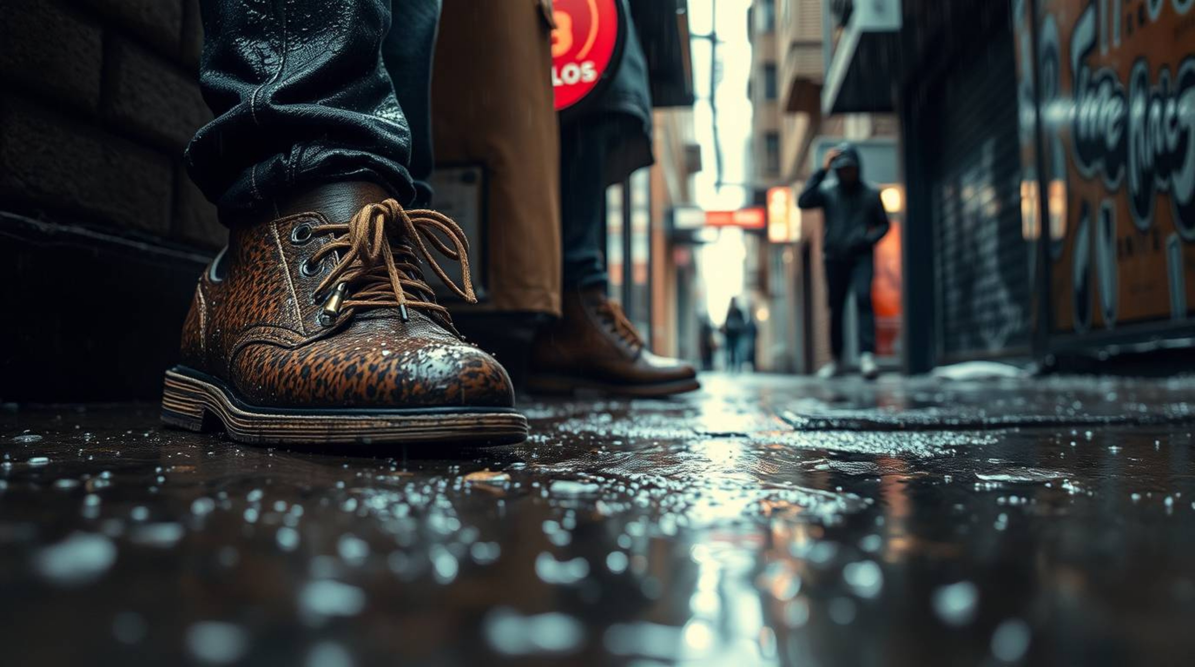 An extreme macro photograph captures the gritty detail of a rainy city alley where rebellious teens gather.  The image emphas