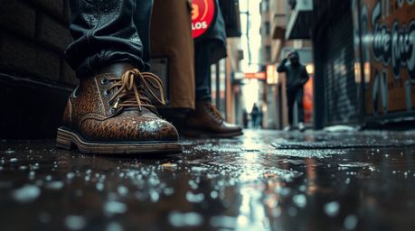 An extreme macro photograph captures the gritty detail of a rainy city alley where rebellious teens gather.  The image emphas