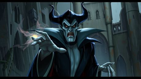 This captivating digital painting showcases a classic Disney villain with sharp, angular features and pale skin, deeply engro