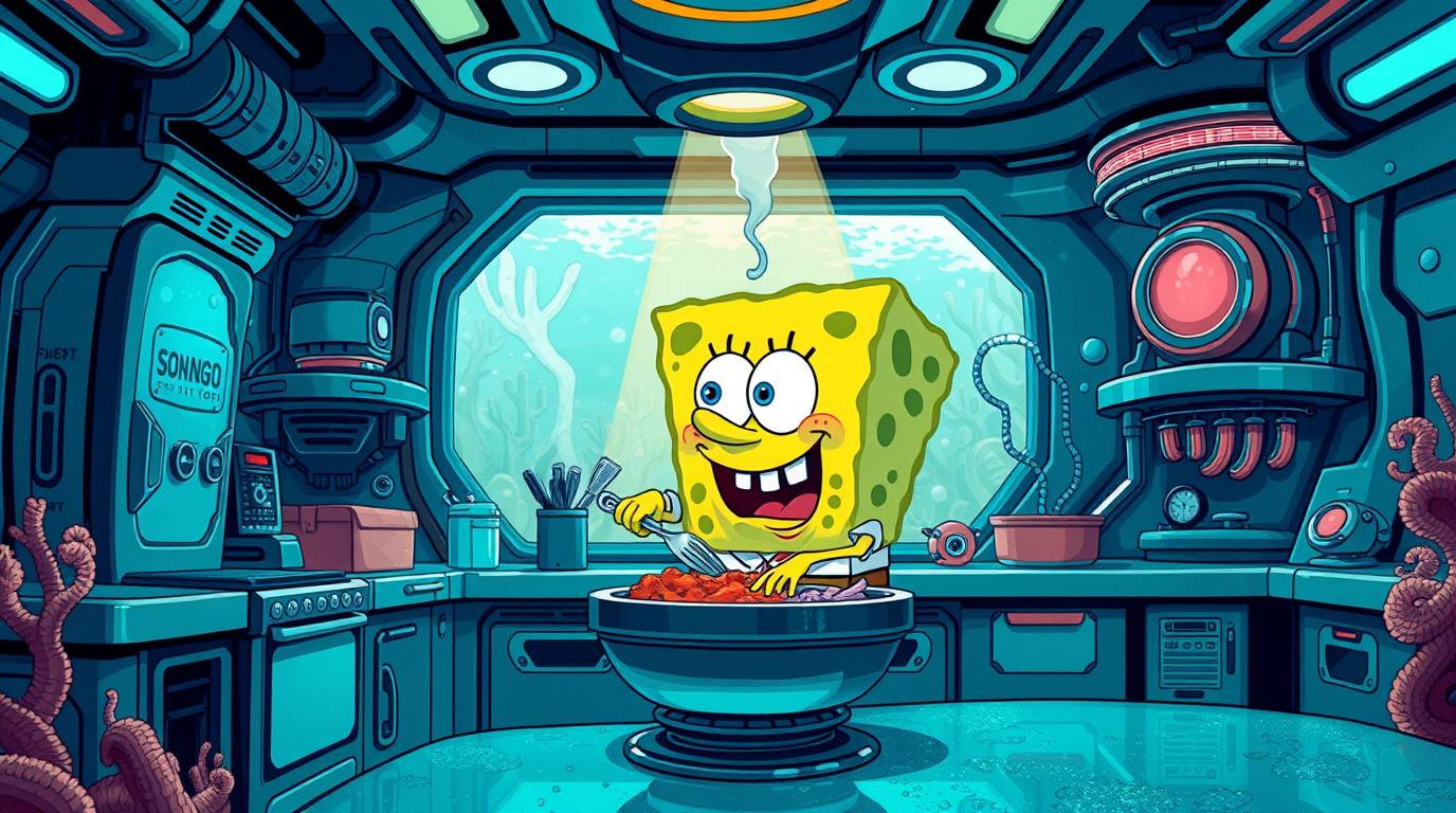 Explore a deep teal, futuristic sci-fi illustration featuring a sponge character masterfully cooking in a luxurious and vibra
