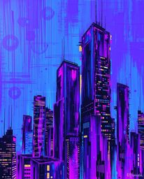 This bold acrylic painting captures a glitchy digital landscape, showcasing distorted skyscrapers amidst static noise. The vi