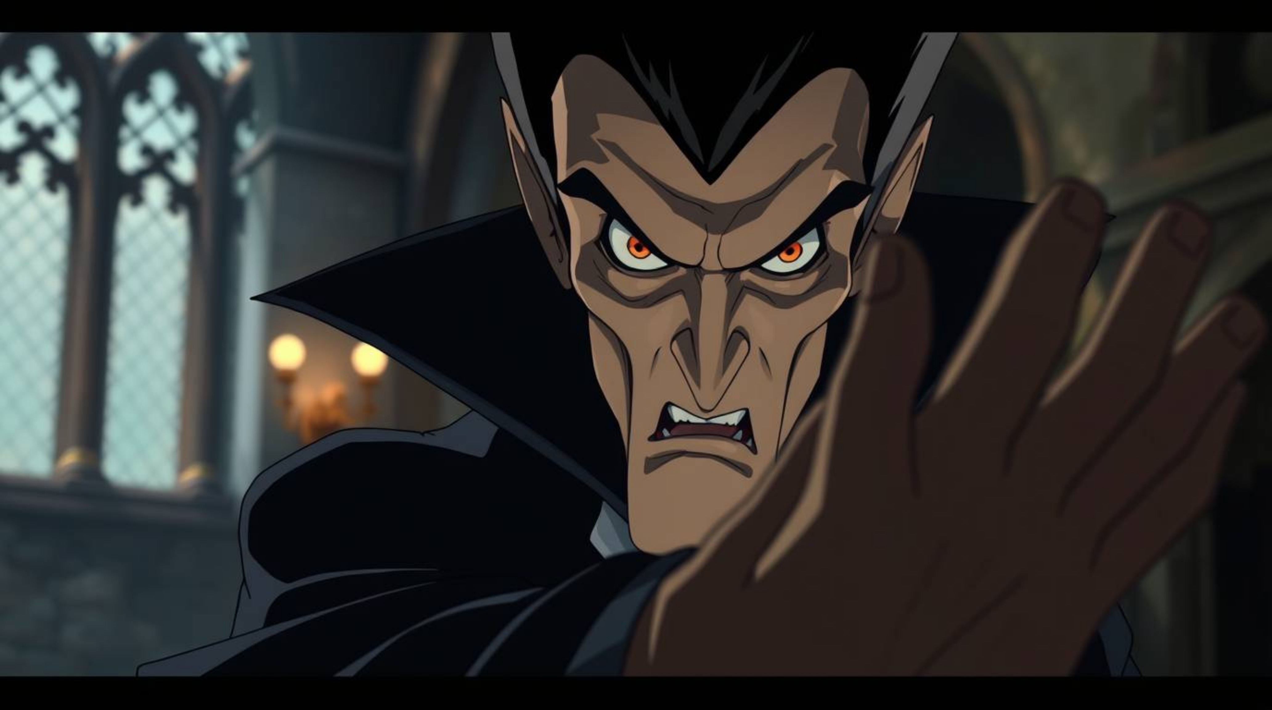 A classic Disney villain with piercing eyes casts a spell within an old, gothic castle, rendered in the expressive style of I