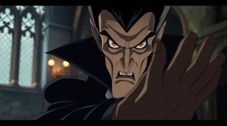 A classic Disney villain with piercing eyes casts a spell within an old, gothic castle, rendered in the expressive style of I