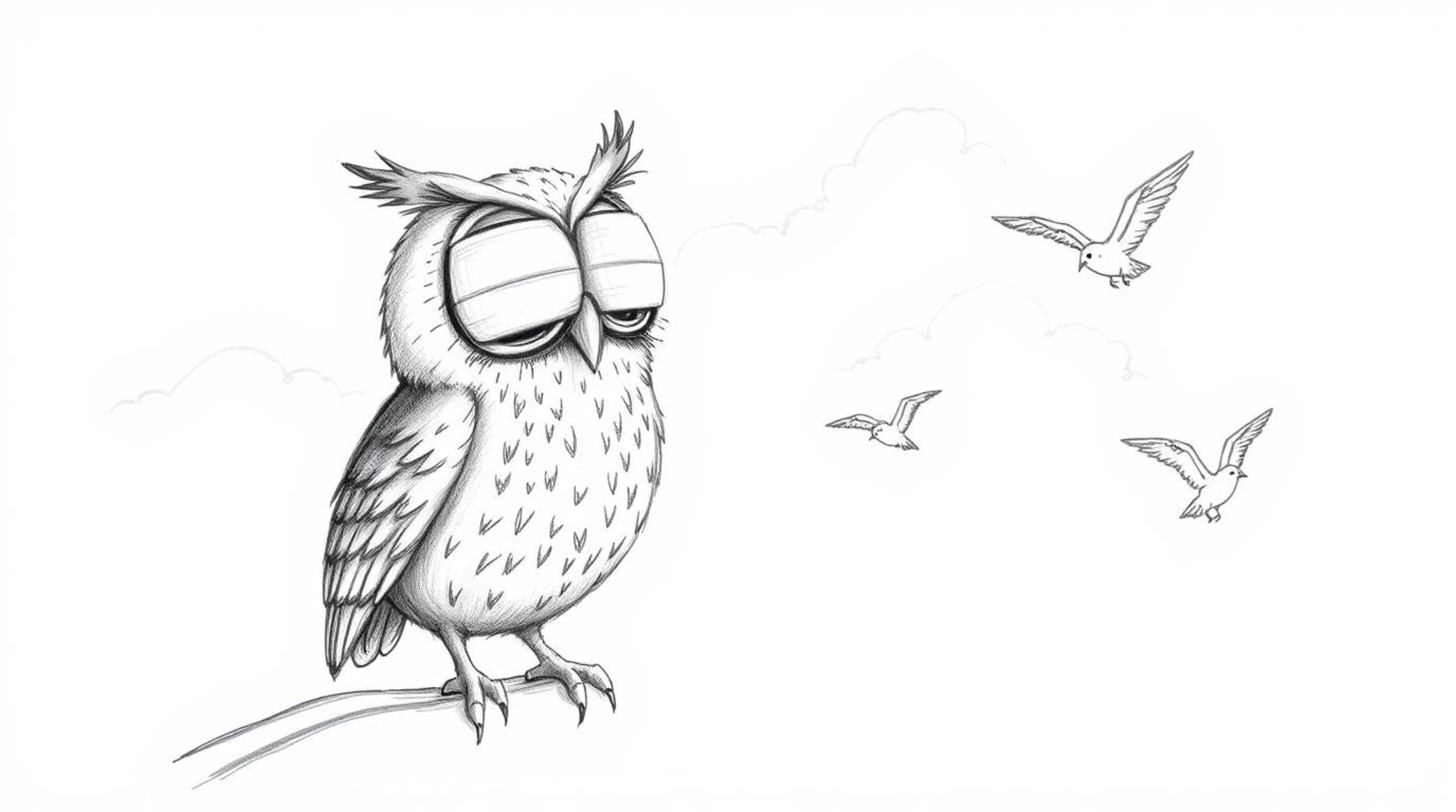 A heartwarming hand-drawn sketch depicts a blind owl with large, expressive eyes, reminiscent of Pixar's style, patiently gui