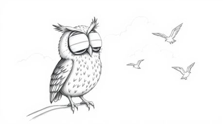 A heartwarming hand-drawn sketch depicts a blind owl with large, expressive eyes, reminiscent of Pixar's style, patiently gui