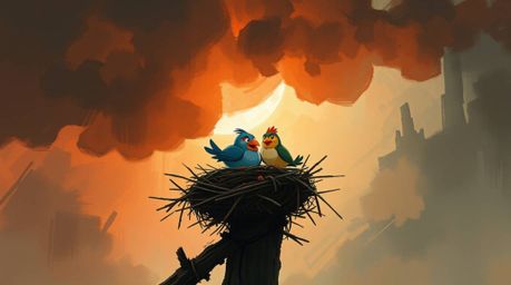 A captivating digital painting showcases two cartoon birds diligently building a nest amidst a dramatic, stormy sky. Rendere