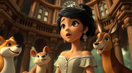 Experience a dynamic architectural color photograph showcasing a princess with dark eyes and olive skin singing to forest ani