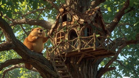 A high-resolution stock photo captures a cheerful beaver with warm, golden fur building an intricately designed treehouse in 