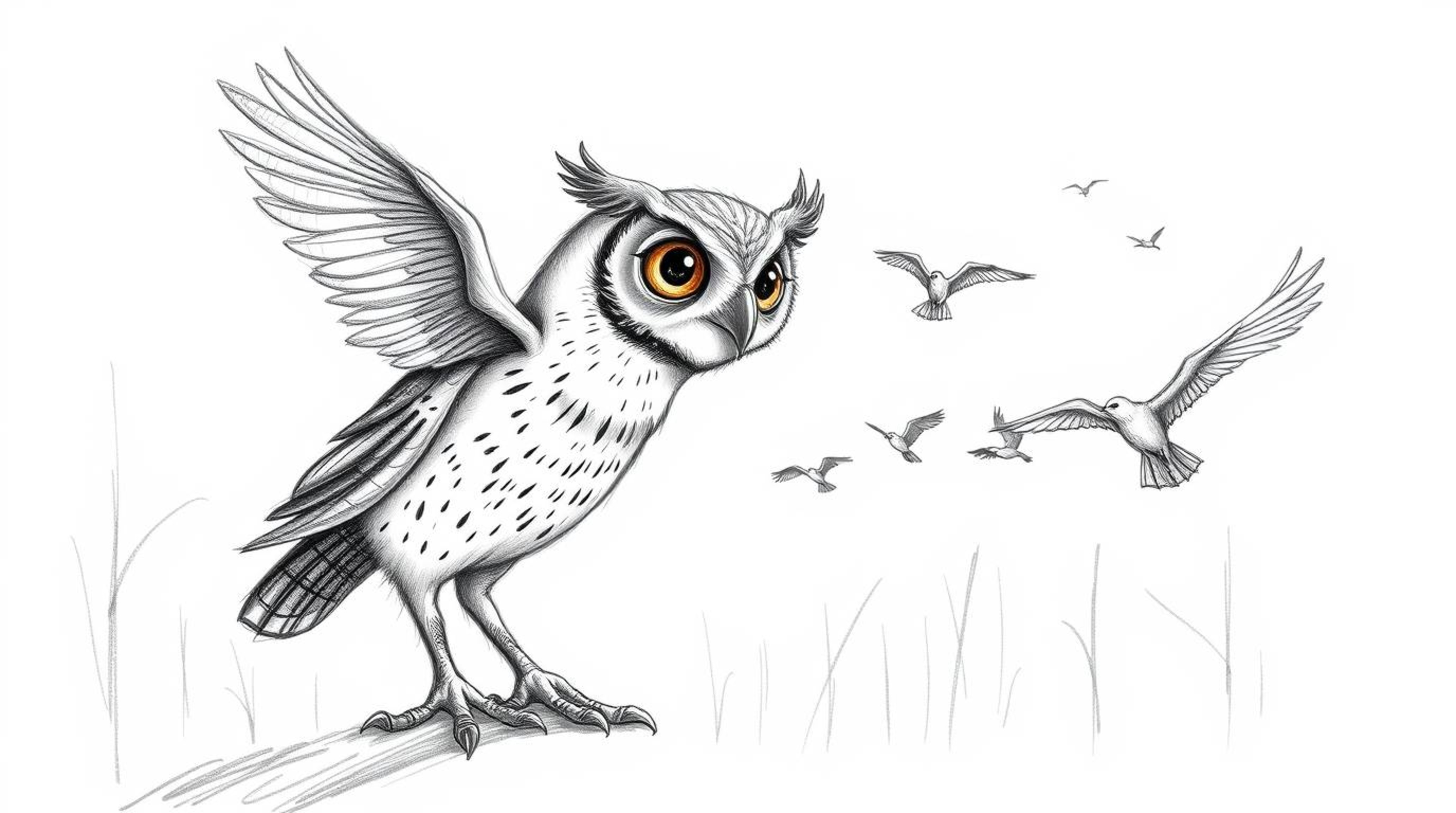 A charming hand-drawn sketch depicts a blind Pixar-style owl with expressive eyes, patiently guiding a flock of birds in flig