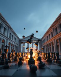 This collection showcases precise architectural color photography featuring a captivating scene of a chessboard with pieces f
