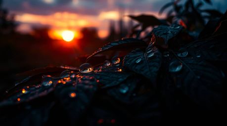 Experience a dramatic cinematic style with iridescent colors and reflections of a sunset captured in raindrops on leaves. Thi