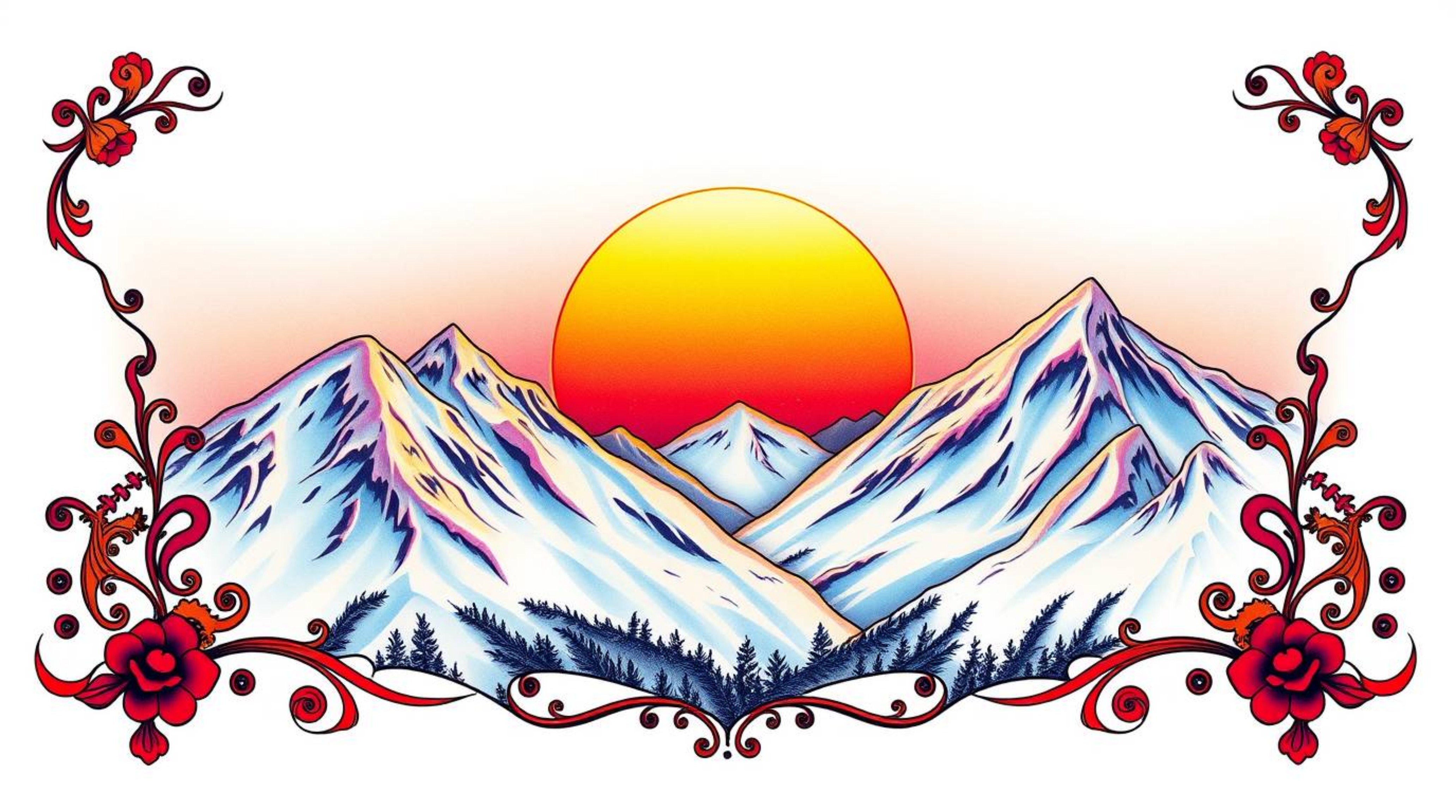 This vibrant tattoo art print depicts snow-covered mountains glowing under a pastel sunset.  The design features complex orna