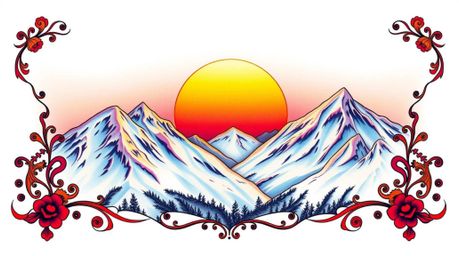 This vibrant tattoo art print depicts snow-covered mountains glowing under a pastel sunset.  The design features complex orna