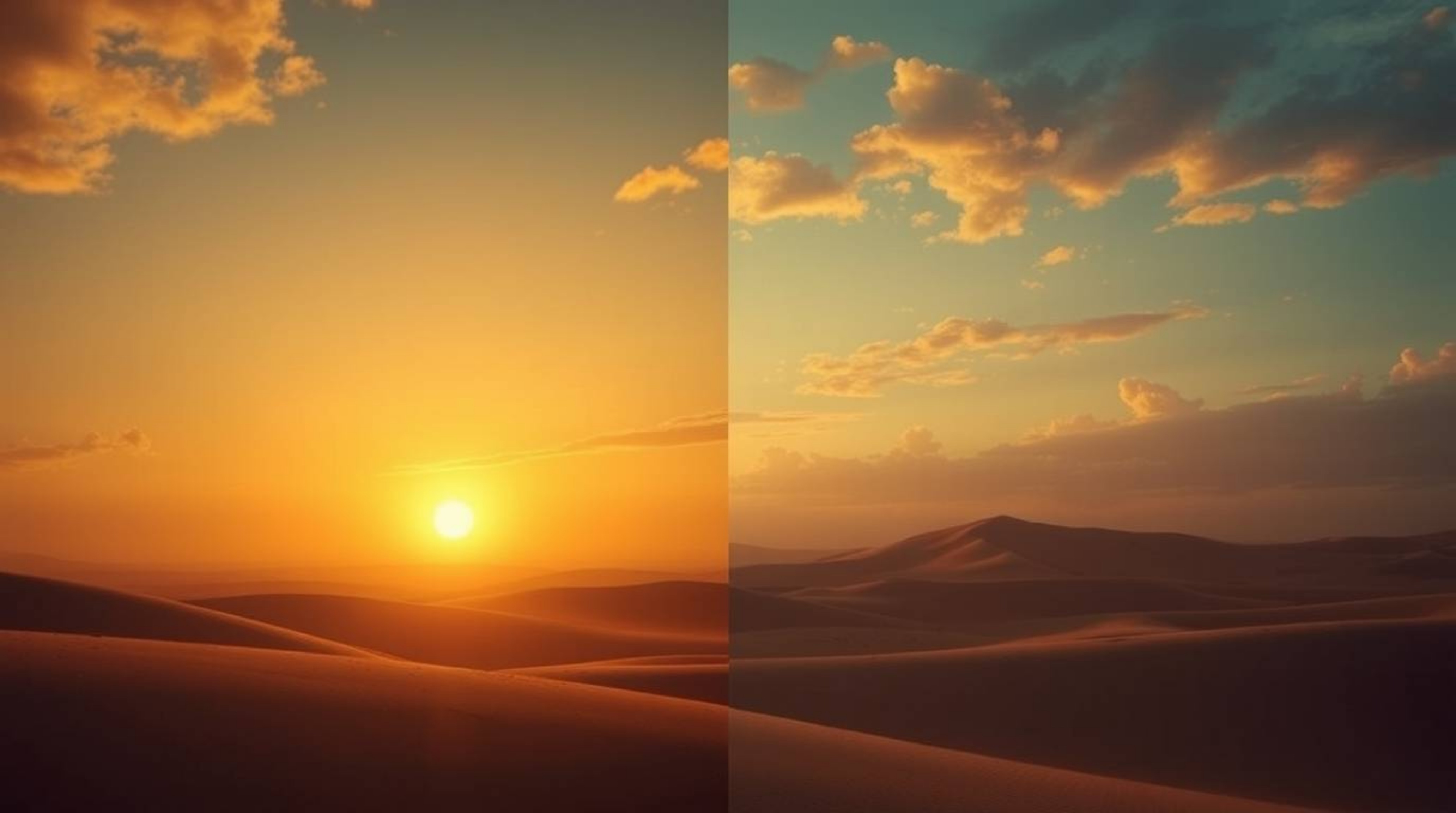 A breathtaking cinematic split-screen image showcases a dramatic sunset at the edge of a desert, featuring golden dunes and a