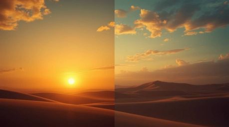 A breathtaking cinematic split-screen image showcases a dramatic sunset at the edge of a desert, featuring golden dunes and a
