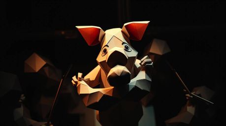 Experience the unexpected harmony of an origami pig conducting an orchestra. This intricate artwork features a pig character 