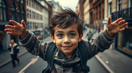 A captivating image of a young boy, with natural features, captured candidly in a street photography style, seemingly flying 