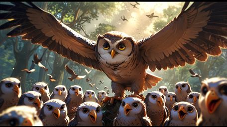 In a heartwarming and celebratory scene that blends the styles of Pixar and anime, a wise blind owl proudly watches as its st