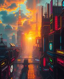 Immerse yourself in a futuristic cityscape where warm golden light mingles with vibrant neon splashes, creating a stunning cy