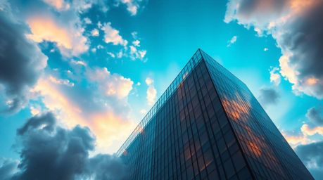 This image showcases a modern glass building seemingly dissolving into the sky and soft clouds, creating a mystic and enchant