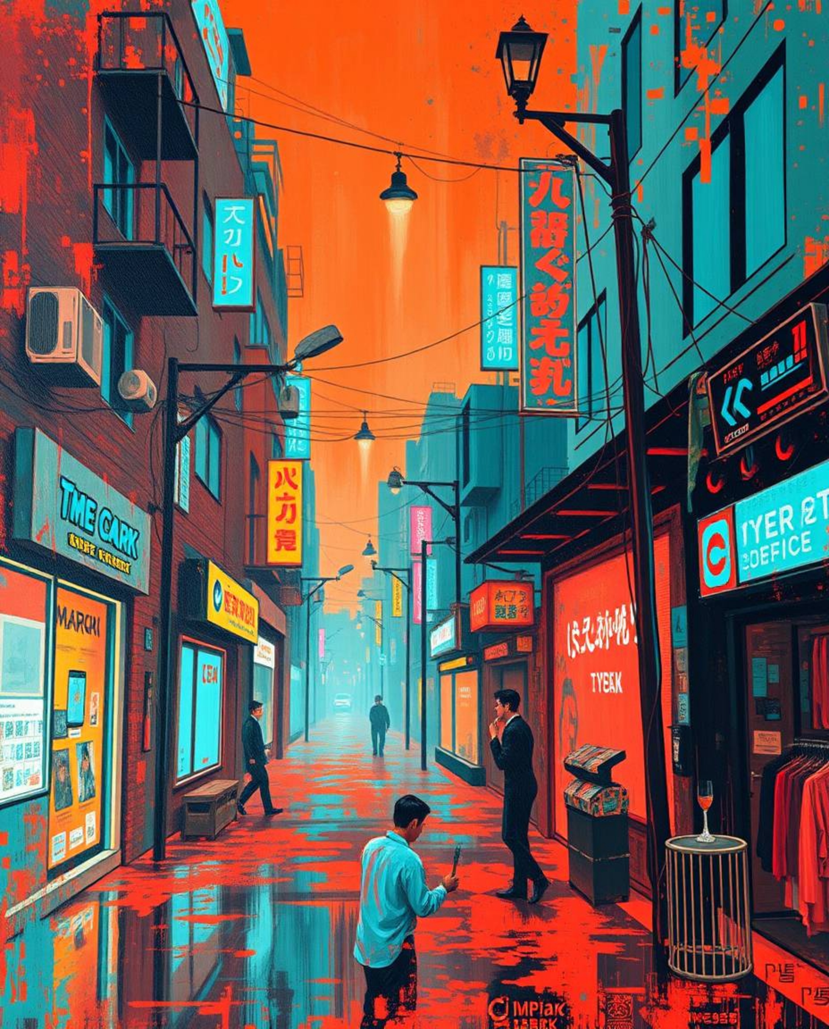 A vibrant and textured acrylic painting showcasing a pixelated glitch effect of a cyberpunk street scene bathed in neon haze.