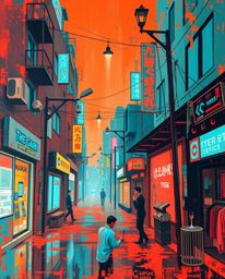 A vibrant and textured acrylic painting showcasing a pixelated glitch effect of a cyberpunk street scene bathed in neon haze.