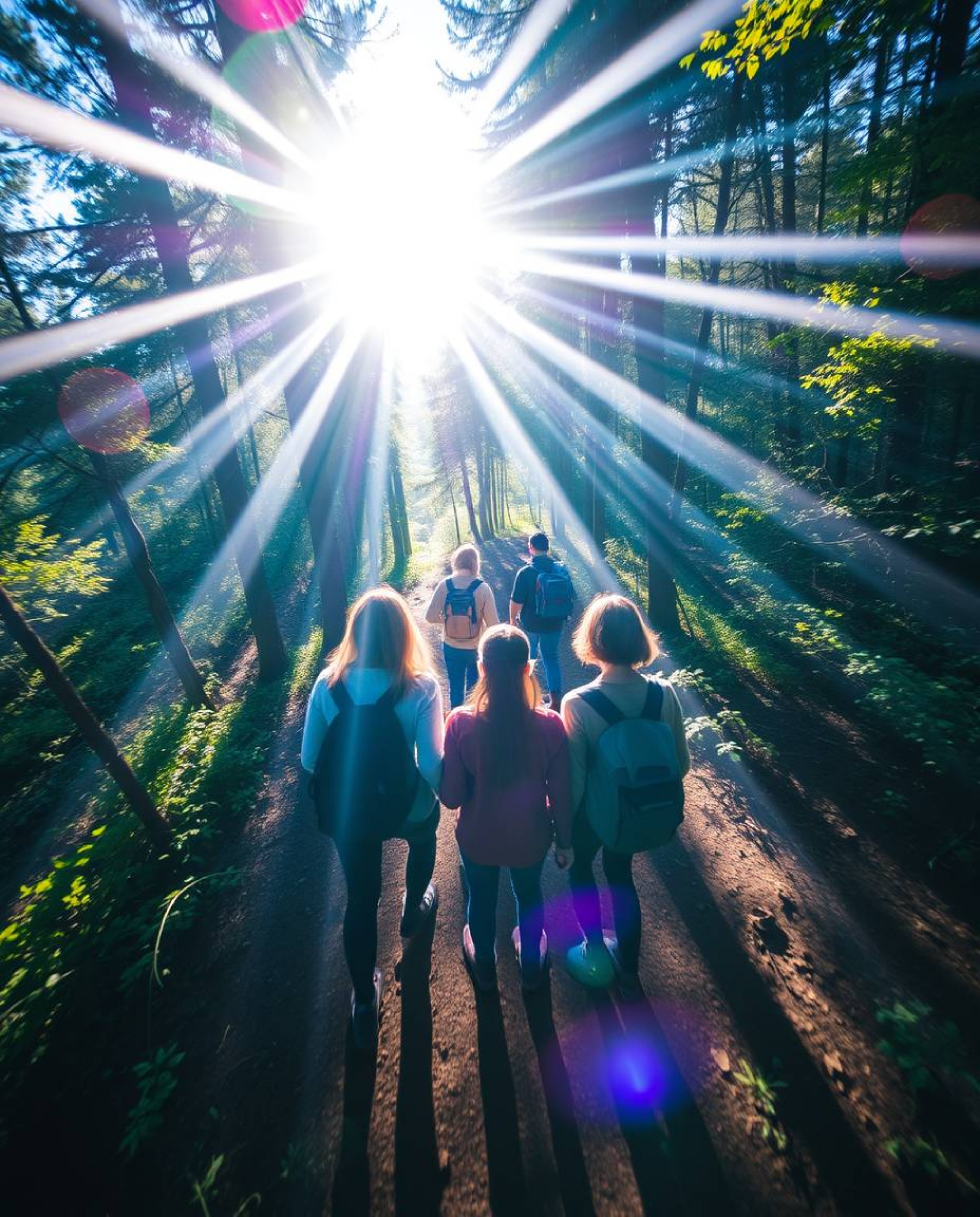 Explore a vibrant forest with a group of friends, each possessing unique powers, captured from a high-angle perspective. Brig