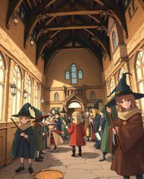 A captivating Isekai-style anime illustration depicts a magical school brimming with young wizards.  The expressive compositi